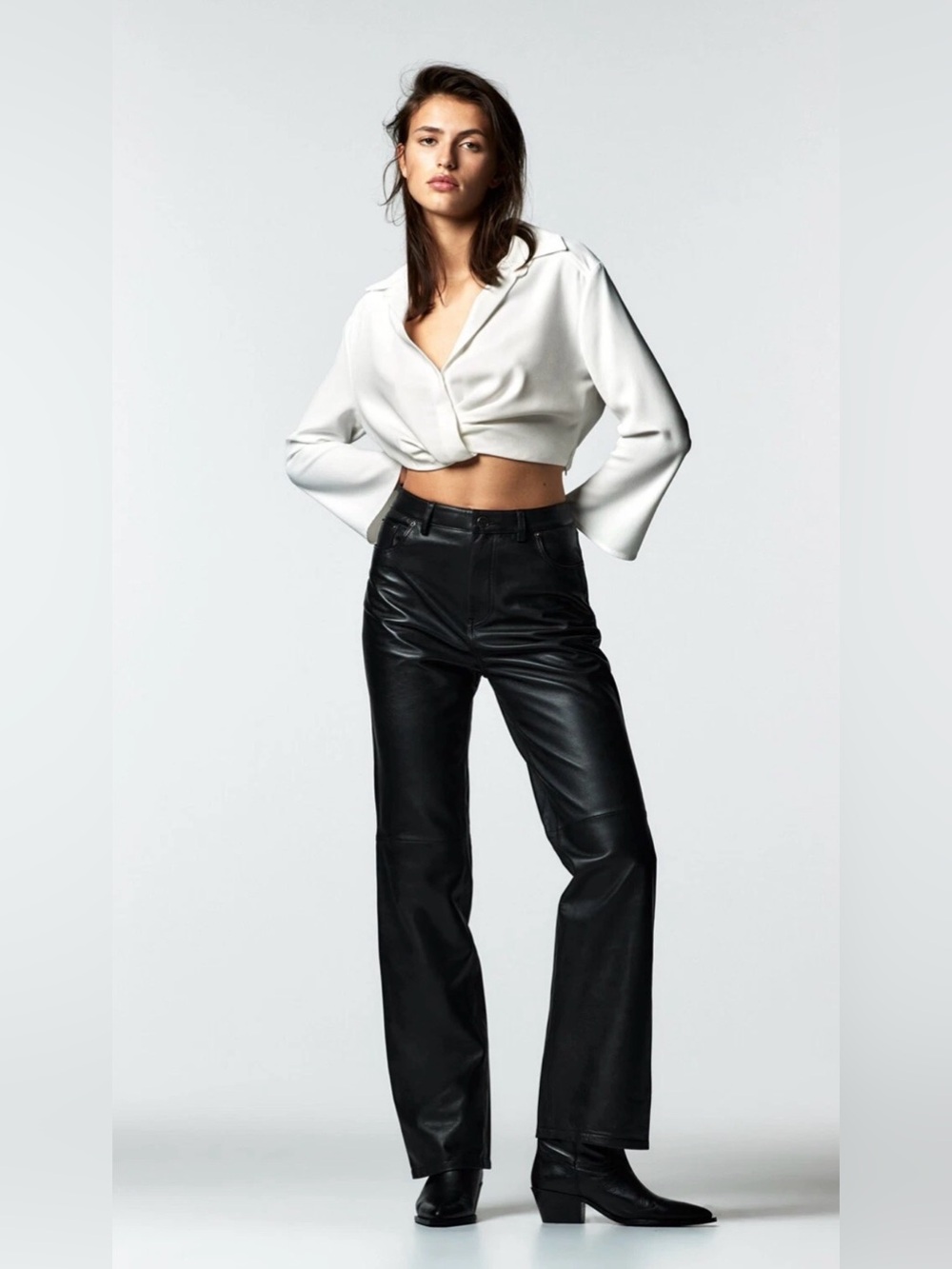 Zara Pleated Cropped White Shirt, long sleeve, chic, knot detail, size small NWT